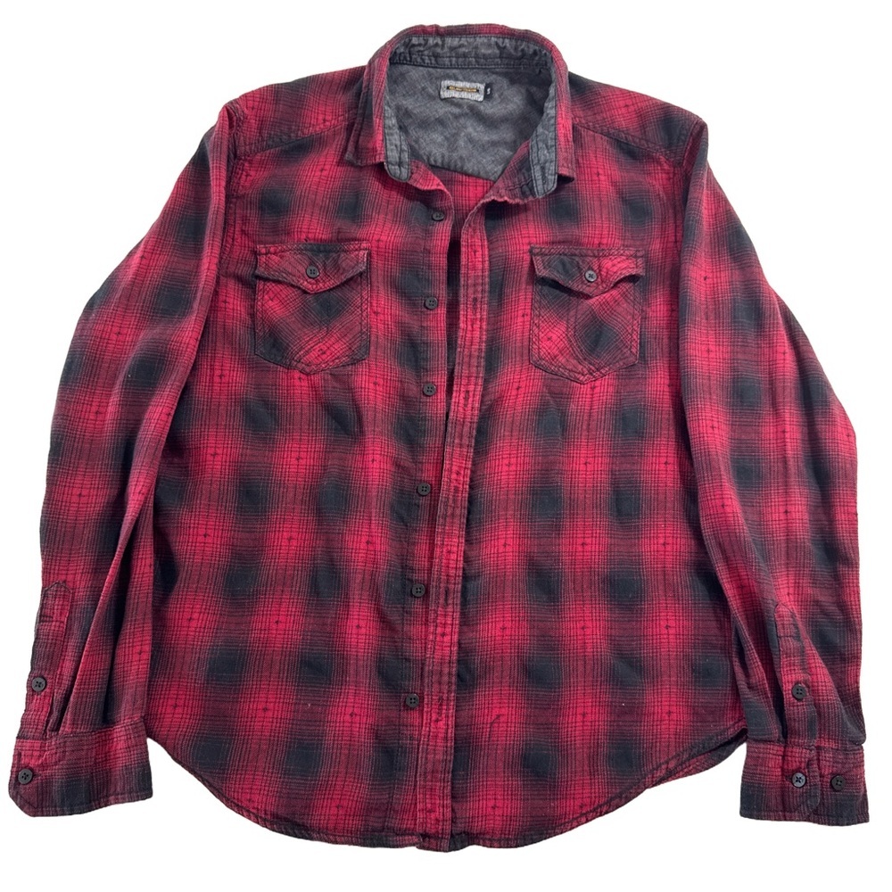 Burnside Men’s L Plaid Flannel Shirt Red Black Western Grunge Cotton Blend